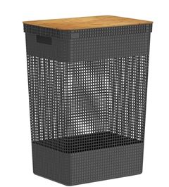 CESTO ROUPAS GRID COM TAMPA BAMBU 49L PRETO O.U