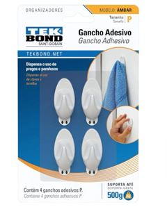 GANCHO ADESIVO PLASTICO AMBAR P BRANCO 4 UNIDADES TEKBOND