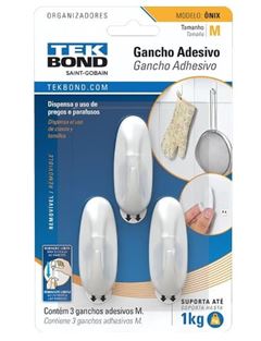 GANCHO ADESIVO PLASTICO ONIX M  BRANCO COM 3 UNIDADES TEKBOND