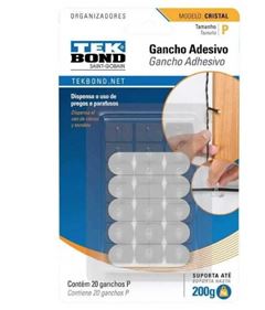 GANCHO ADESIVO PLASTICO CRISTAL P COM 20 UNIDADES TEKBOND