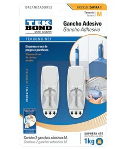 GANCHO ADESIVO PLASTICO ZAFIRA M COM 2 UNIDADES BRANCO METAL TEKBOND