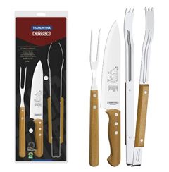 JOGO PARA CHURRASCO 3 PEÇAS  AÇO INOX CABO DE MADEIRA TRAMONTINA